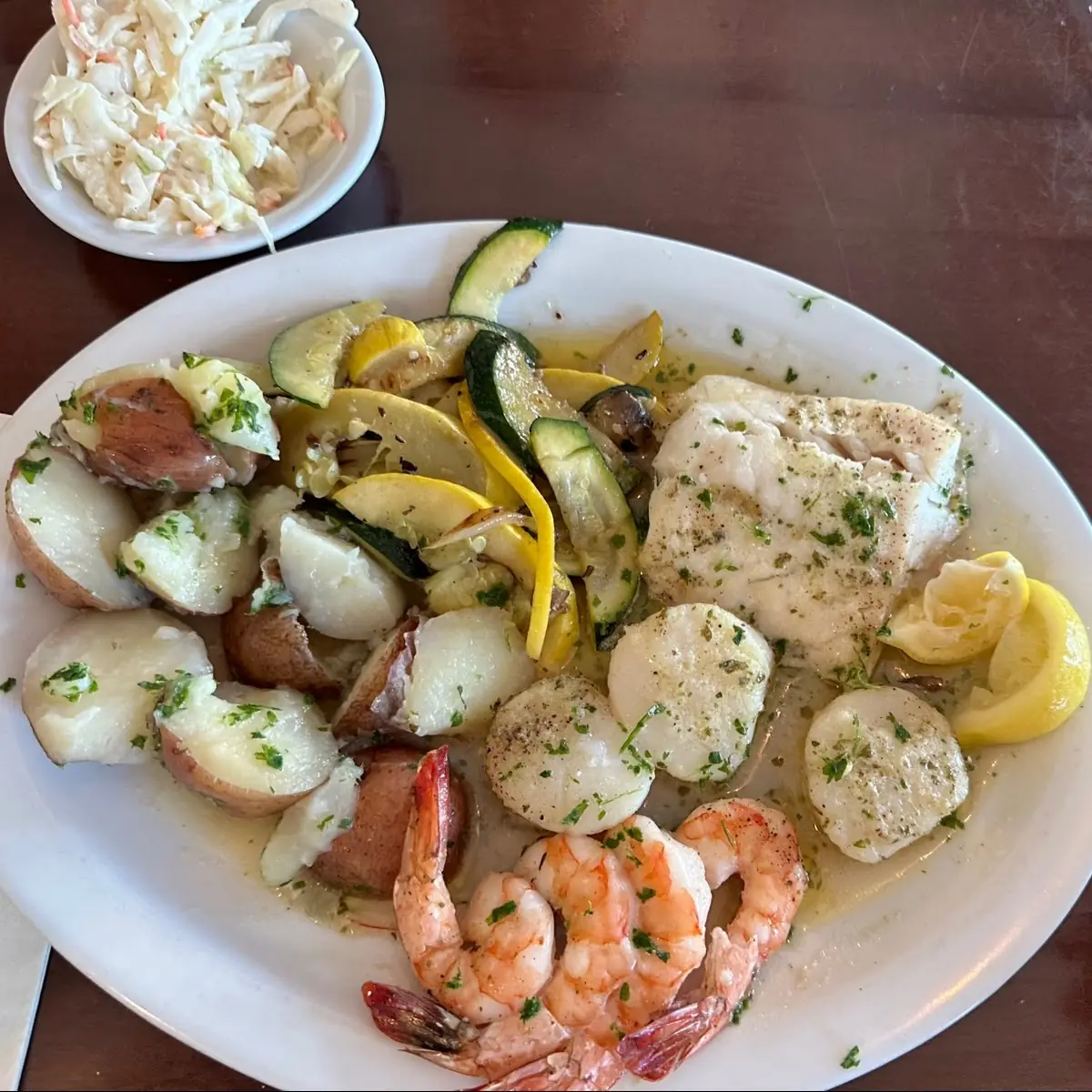 Broiled Seafood Platter with Cod Shrimp & Scallops with Lemon Parsley Butter