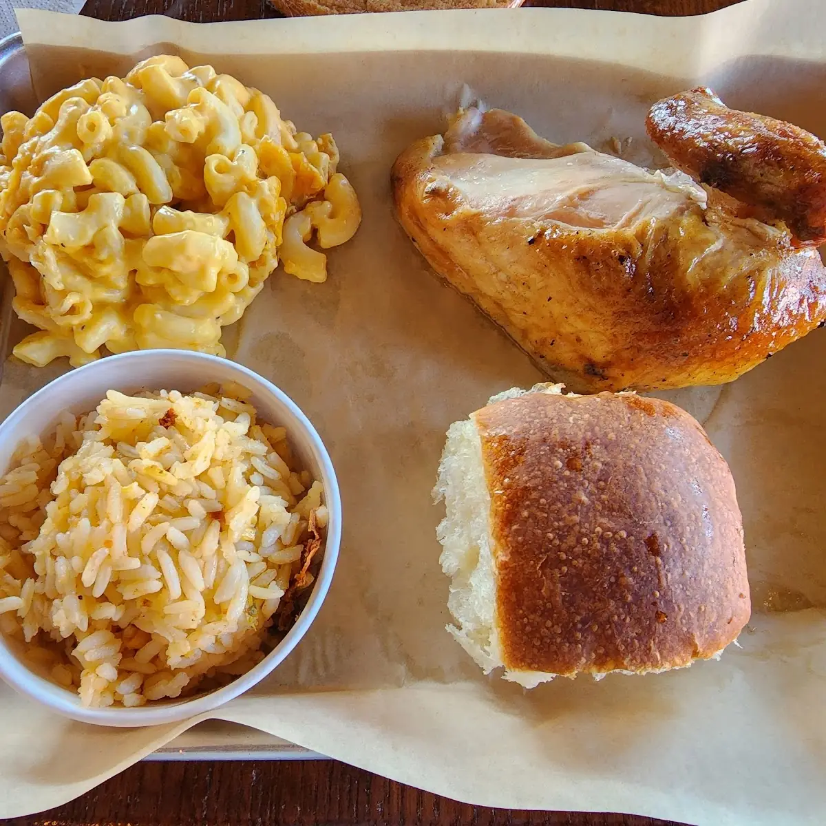 Quarter White w Mac & Cheese Spanish Rice and Roll