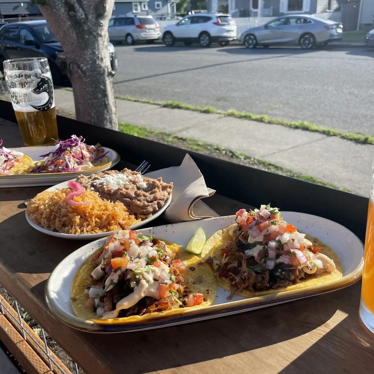 Carnitas and Shrimp Tacos with Rice and Beans