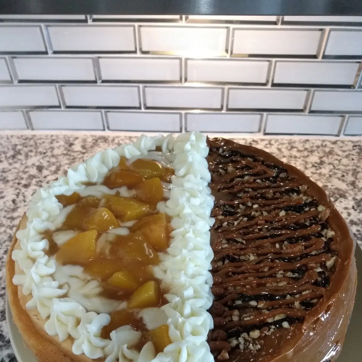 Half & Half Turtle Peach Cobbler Cheesecake