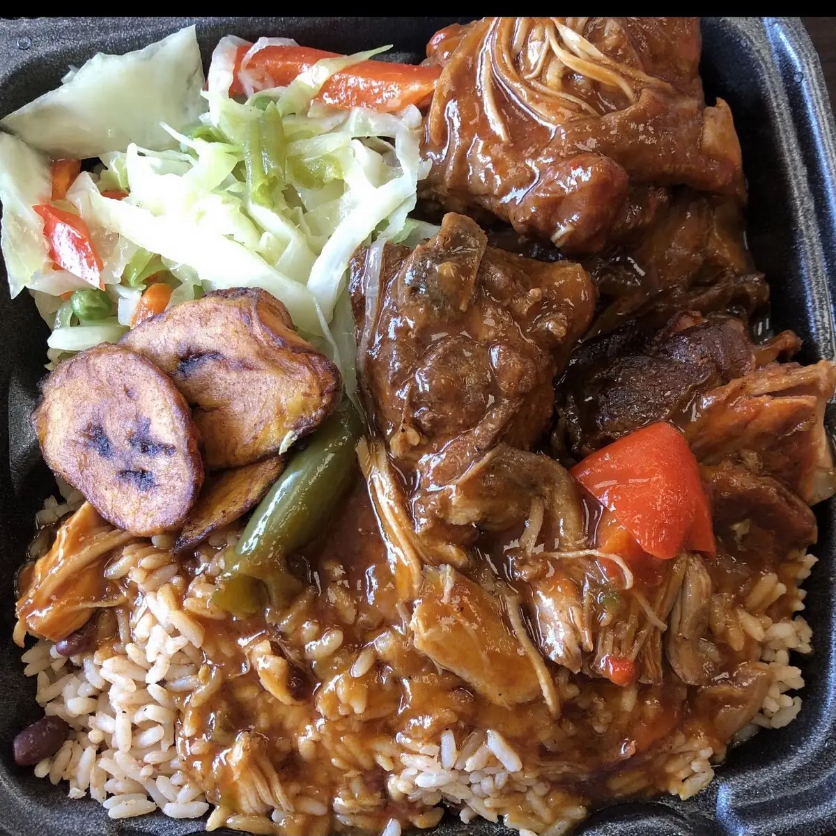 Brown Stew Chicken Rice & Peas Cabbage
