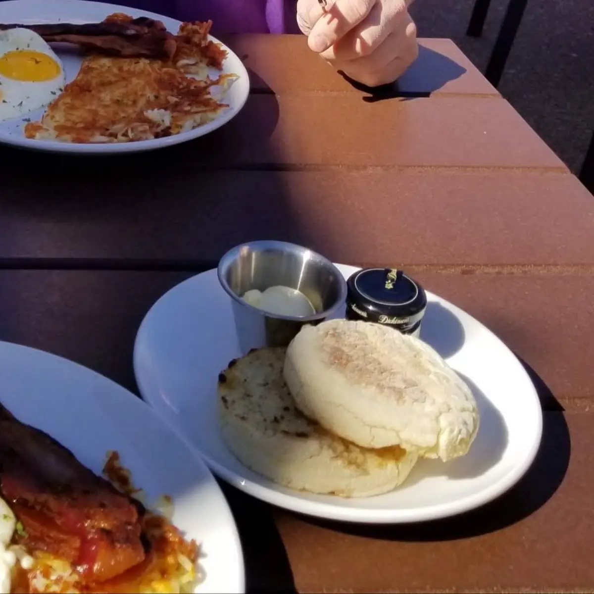 2 Eggs with Crispy Apple Cider Bacon Crispy Hash Browns and Toasted English Muffin