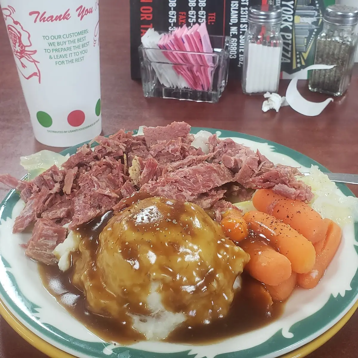 Corned Beef with Mashed Potatoes Gravy and Carrots