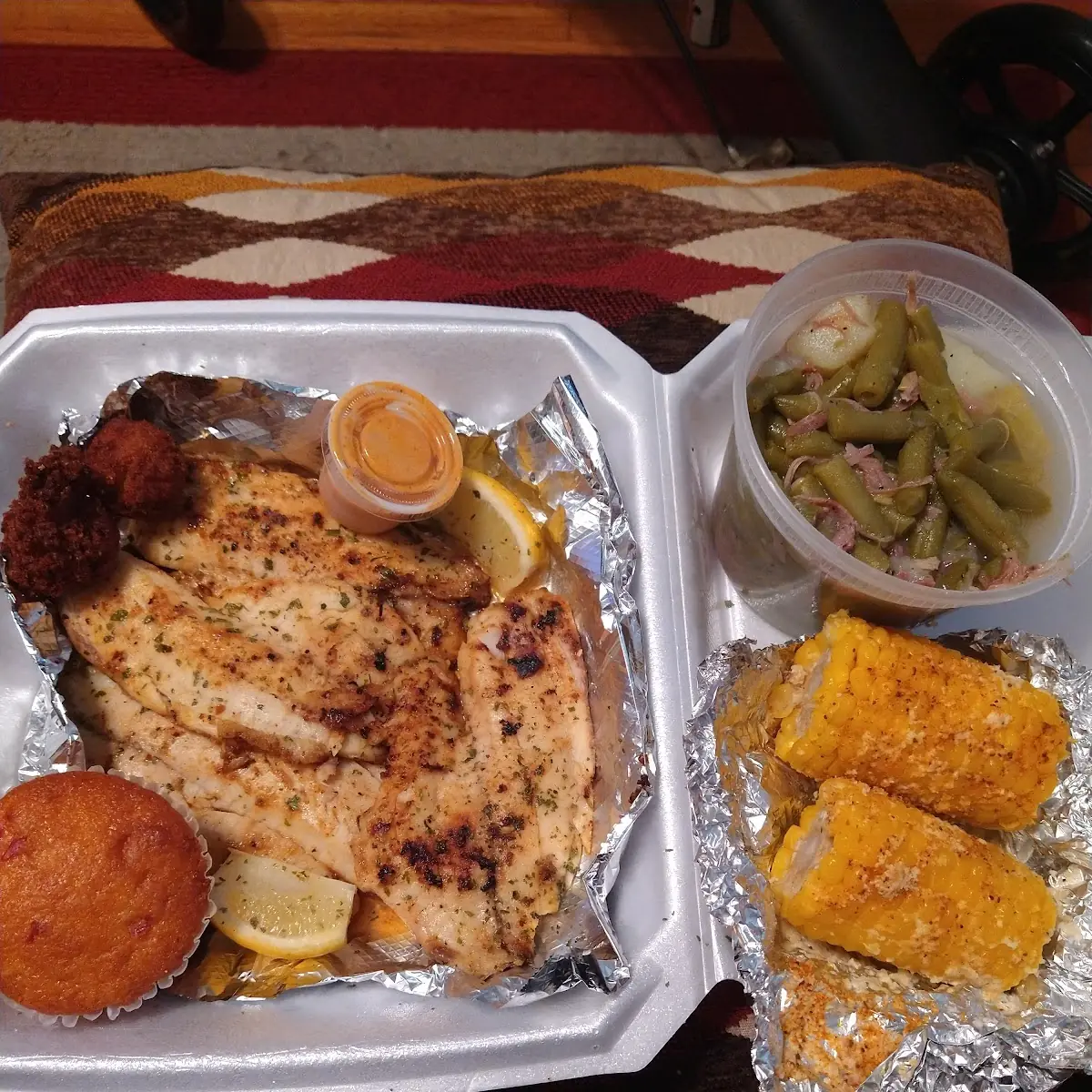 Grilled Tilapia Cajun Cornoncob Green Beans & Cornbread