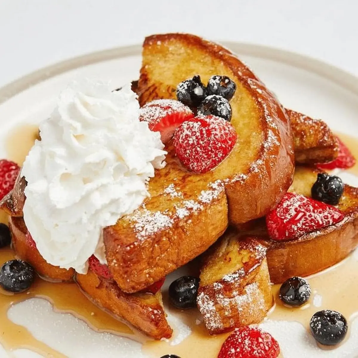 French Toast Combo with Three Half Slice Powder Sugar 2 Egg Any Style Two Strip Bacon or Sausage