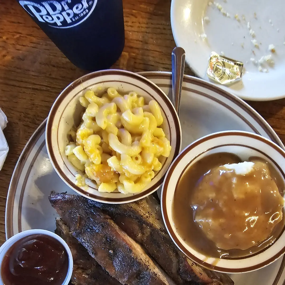 Smoked BBQ Ribs with Mashed Potatoes and Gravy and Mac & Cheese