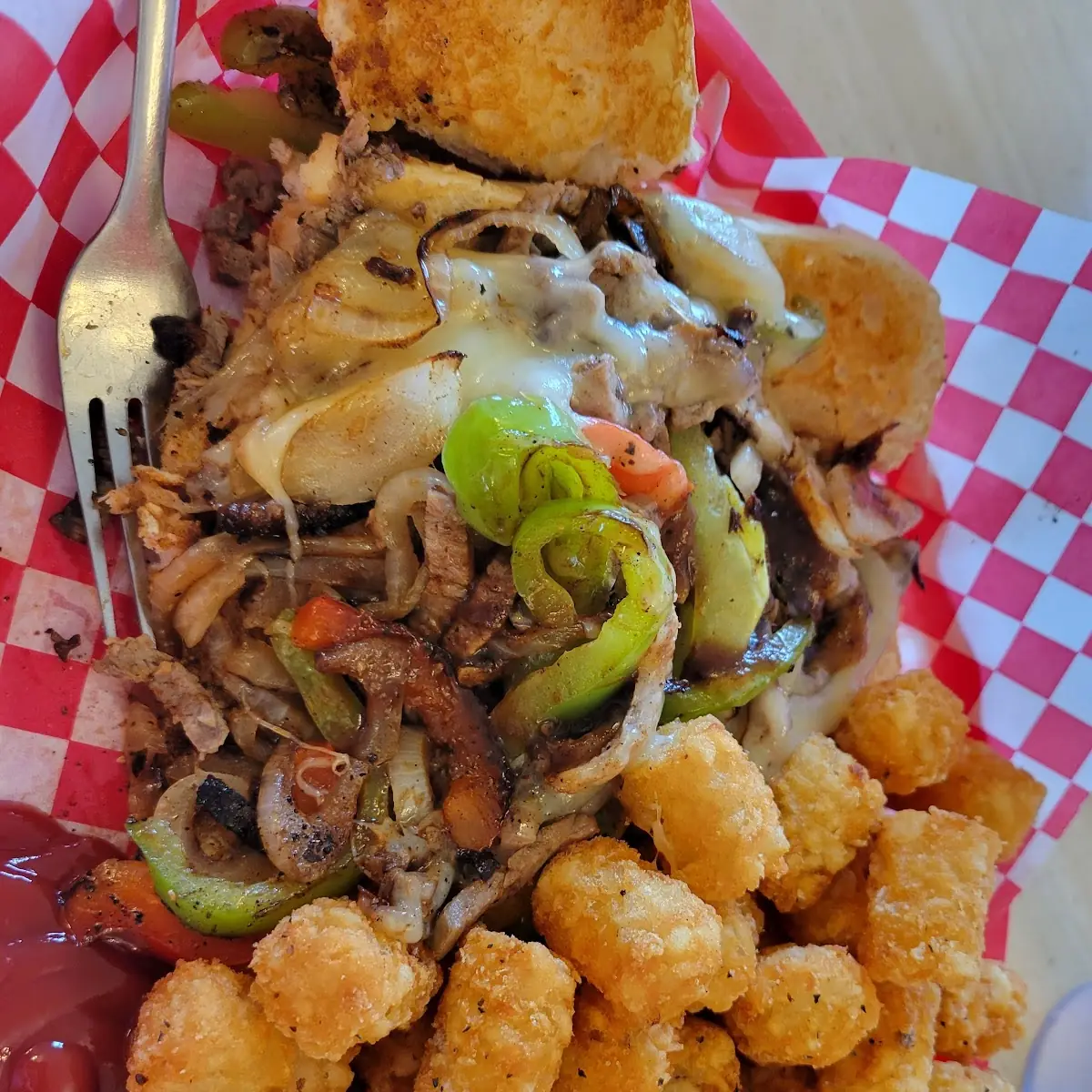 Philly Steak Sandwich and Tots