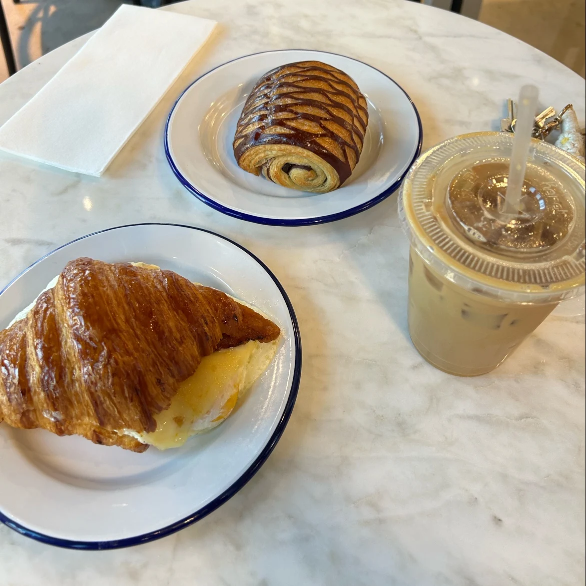Breakfast Sandwich and Chocolate Croissant