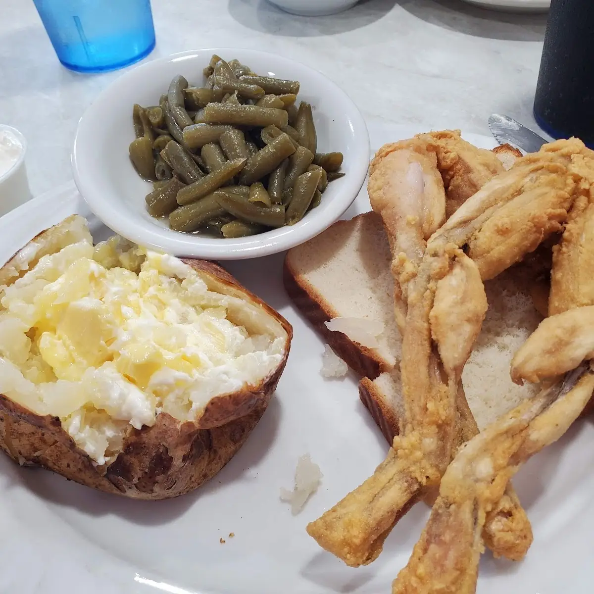 Frog Legs Baked Potato Green Beans