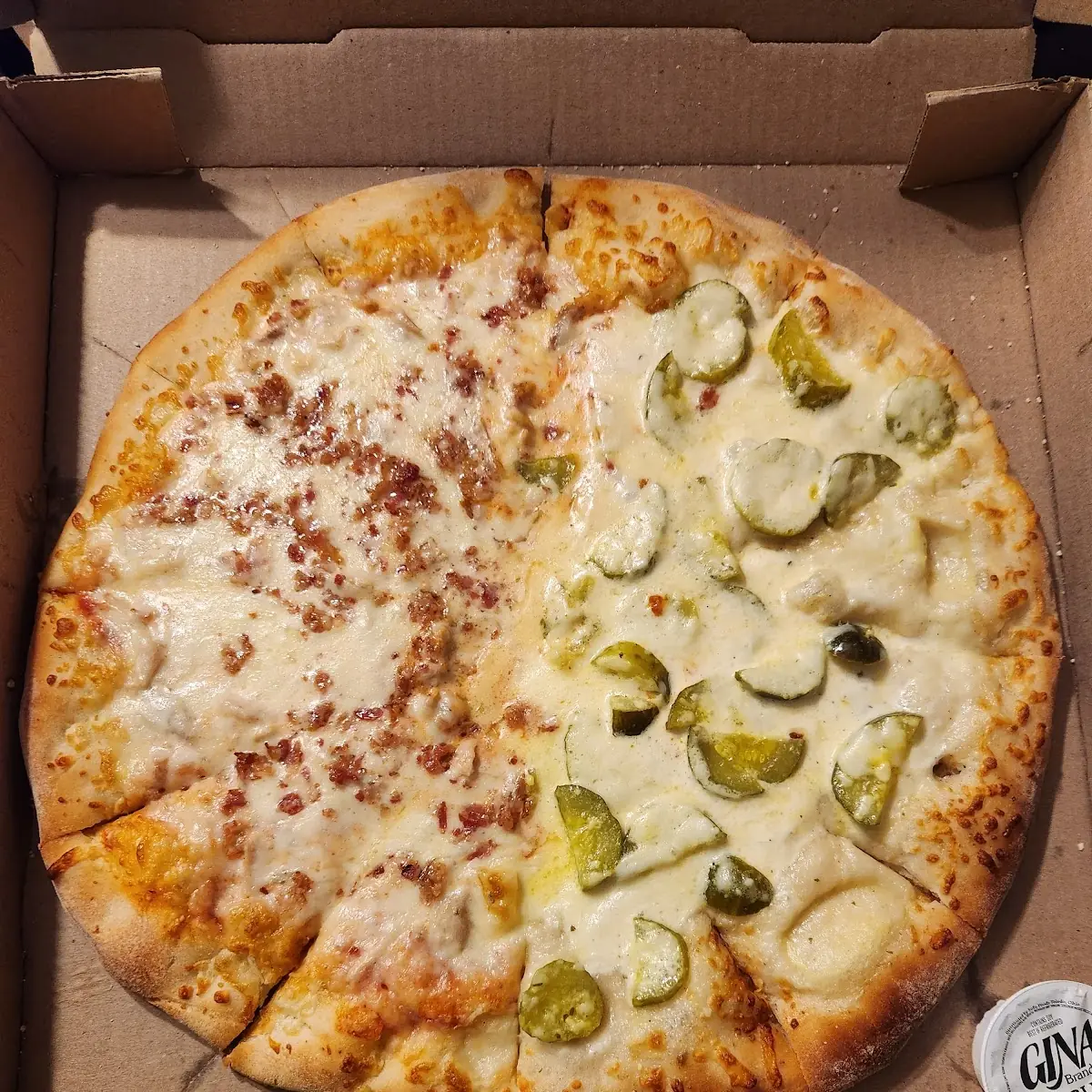 Half Bacon Chicken Ranch Pizza Half Dill Pickle
