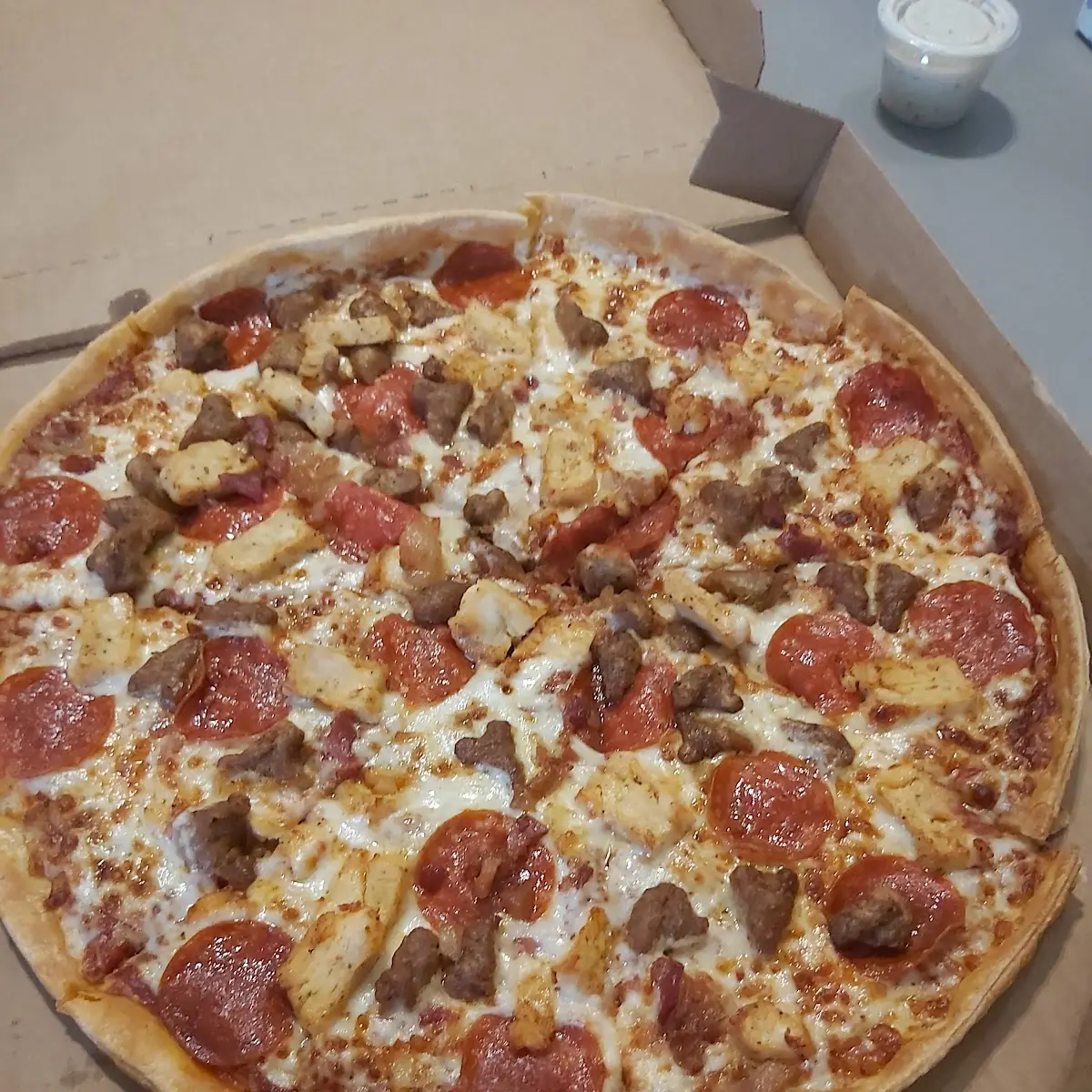 Large Thin Crust Pepperoni Chicken Sausage Bacon