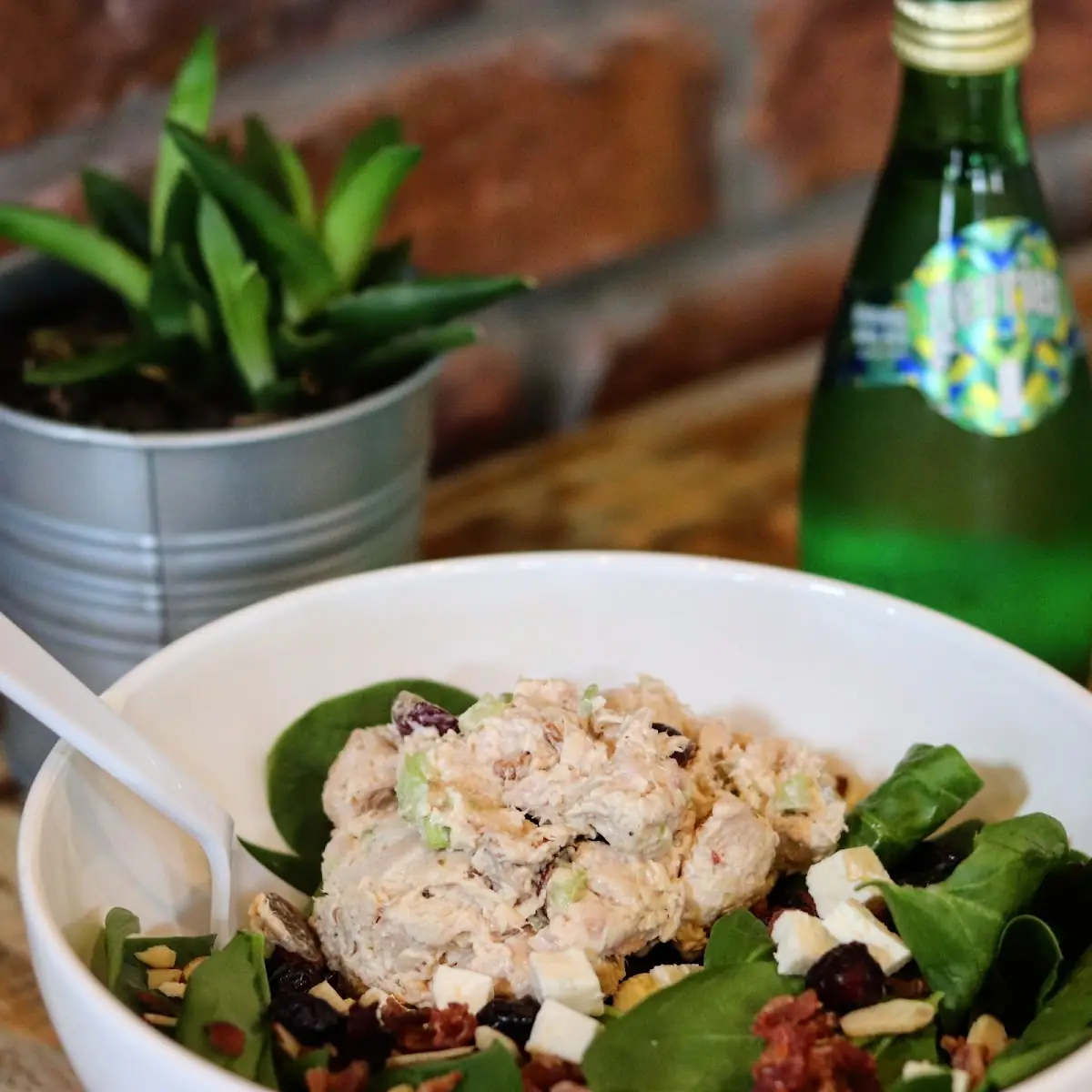 Spinach Salad Topped with Chicken Salad