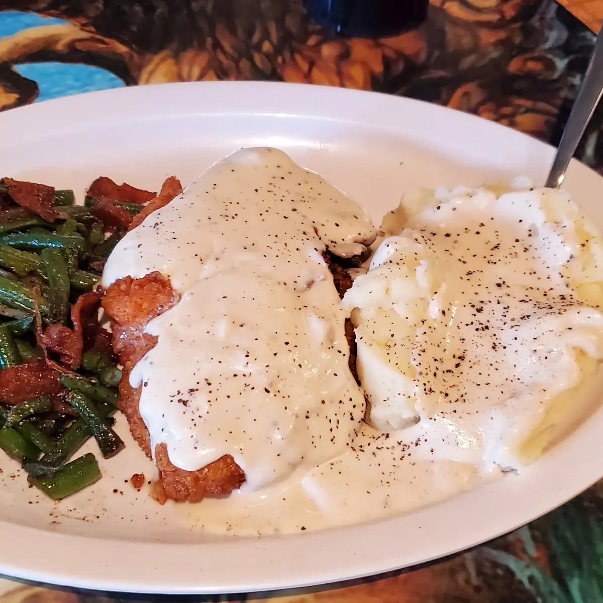Chicken Fried Chicken with Mashed Potatoes and Gravy with Green Beans