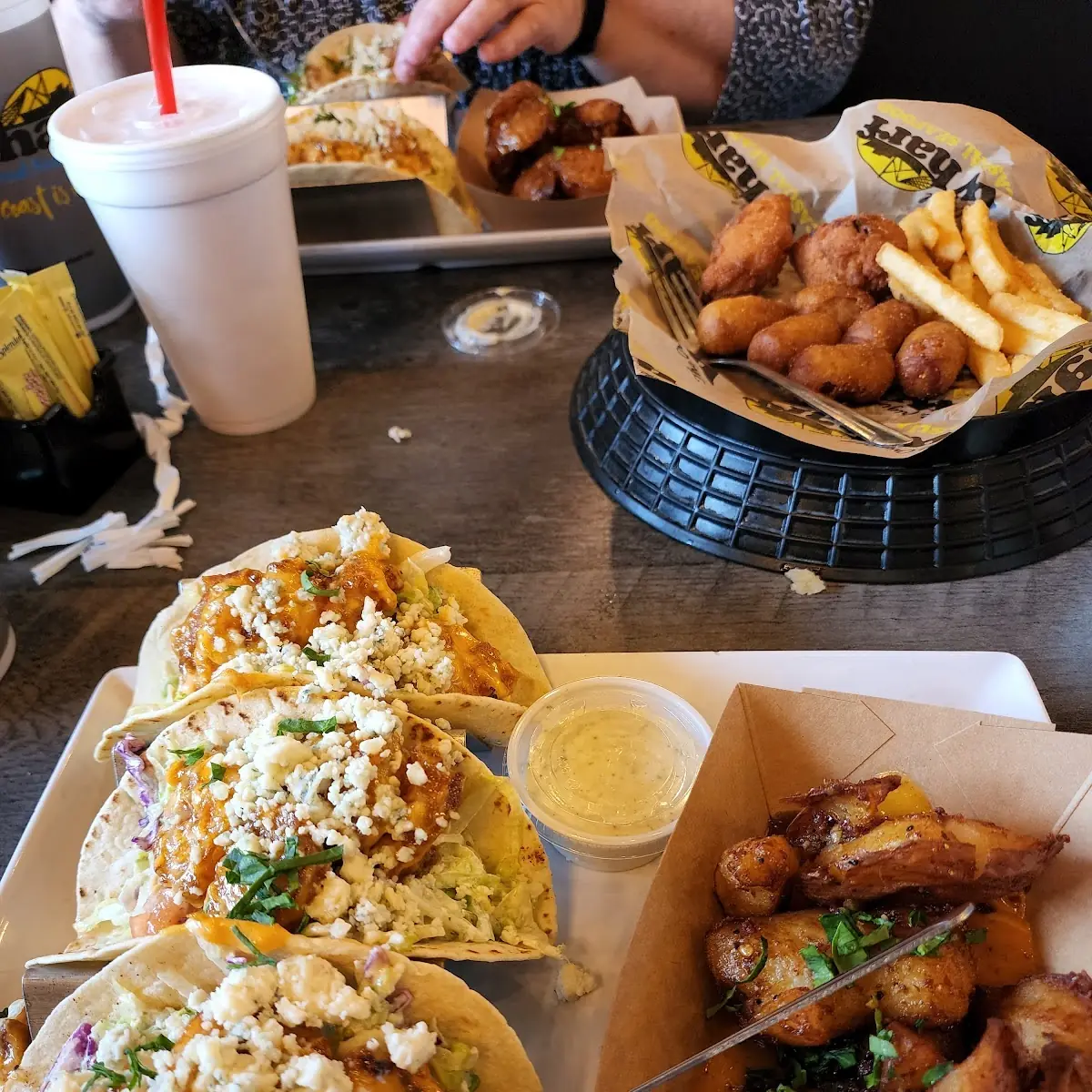 Wharf Shrimp Tacos and Smashed Potatoes