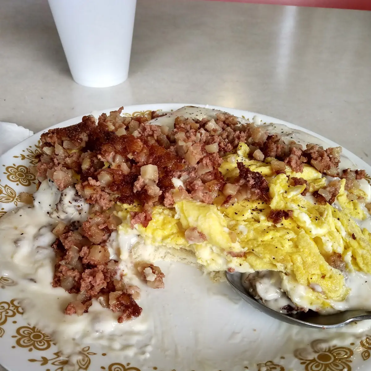 Biscuits and Gravy with Scrambled Eggs & Corned Beef Hash
