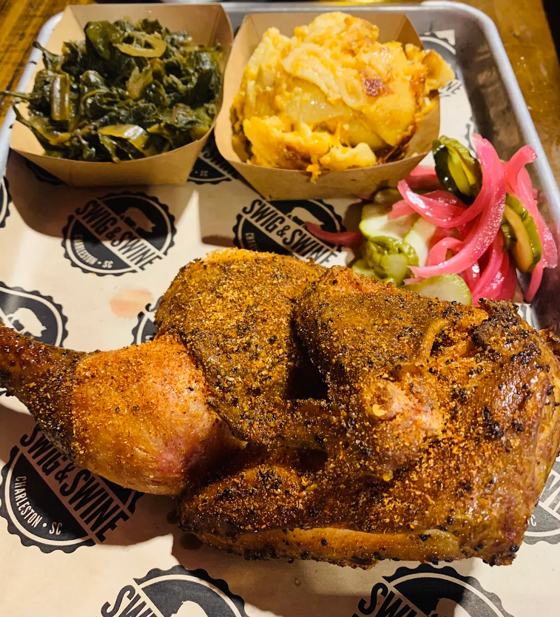 Half Chicken with Collards and Baked Mac & Cheese