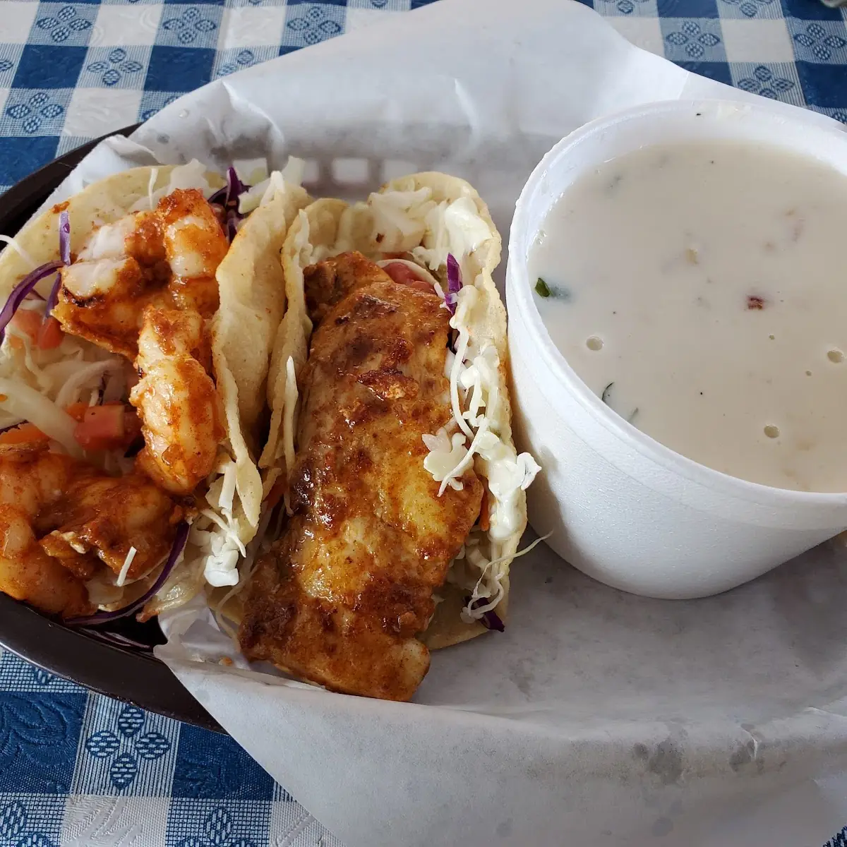Halibut Fish Taco Shrimp Taco Clam Chowder