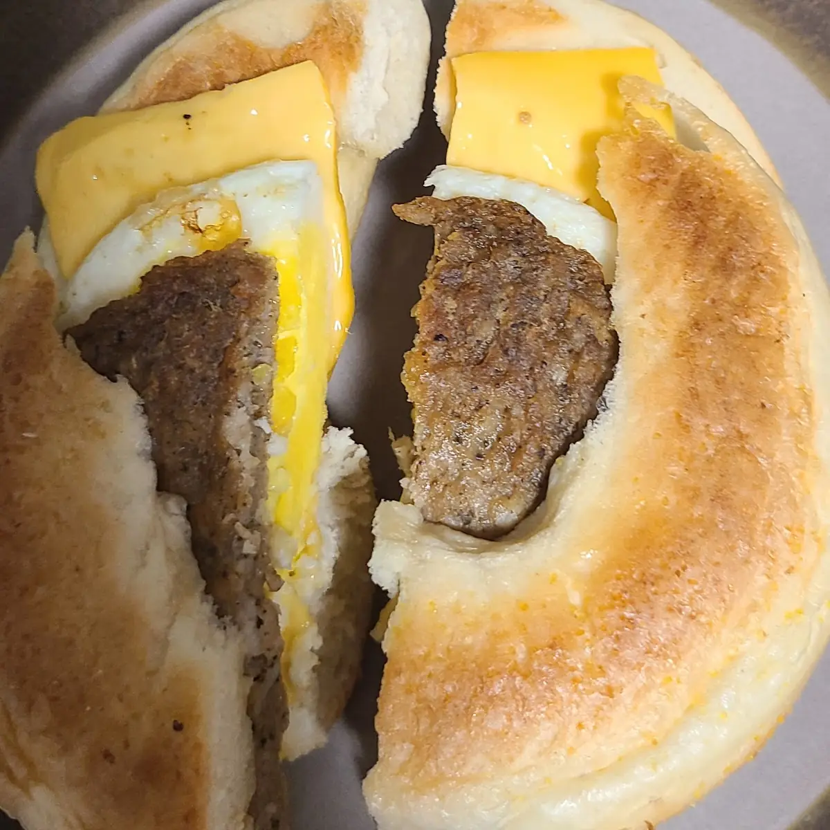 Sausage Egg and Cheese on a Plain Bagel