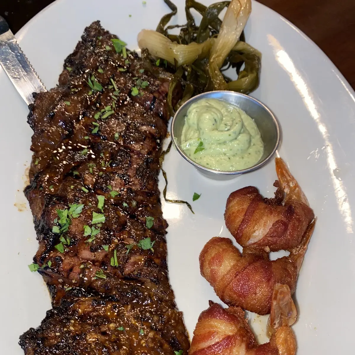 Marinated Skirt Steak with Bacon Wrapped Shrimp Filete De Carne Con Camaron