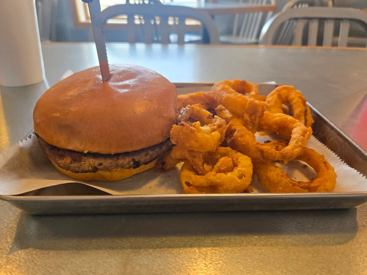 Impossible Burger and Onion Rings