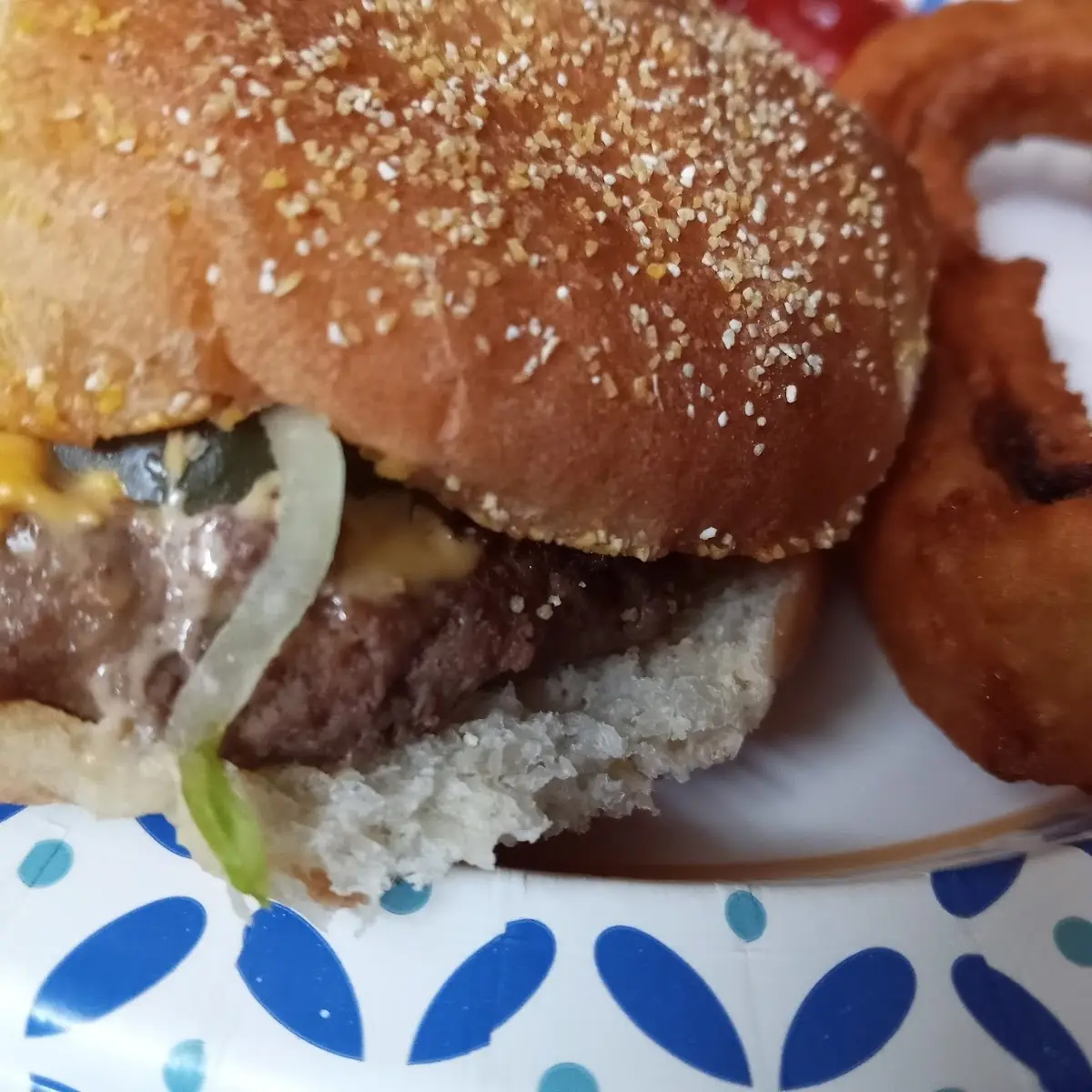 Cheese Burger and Onion Rings