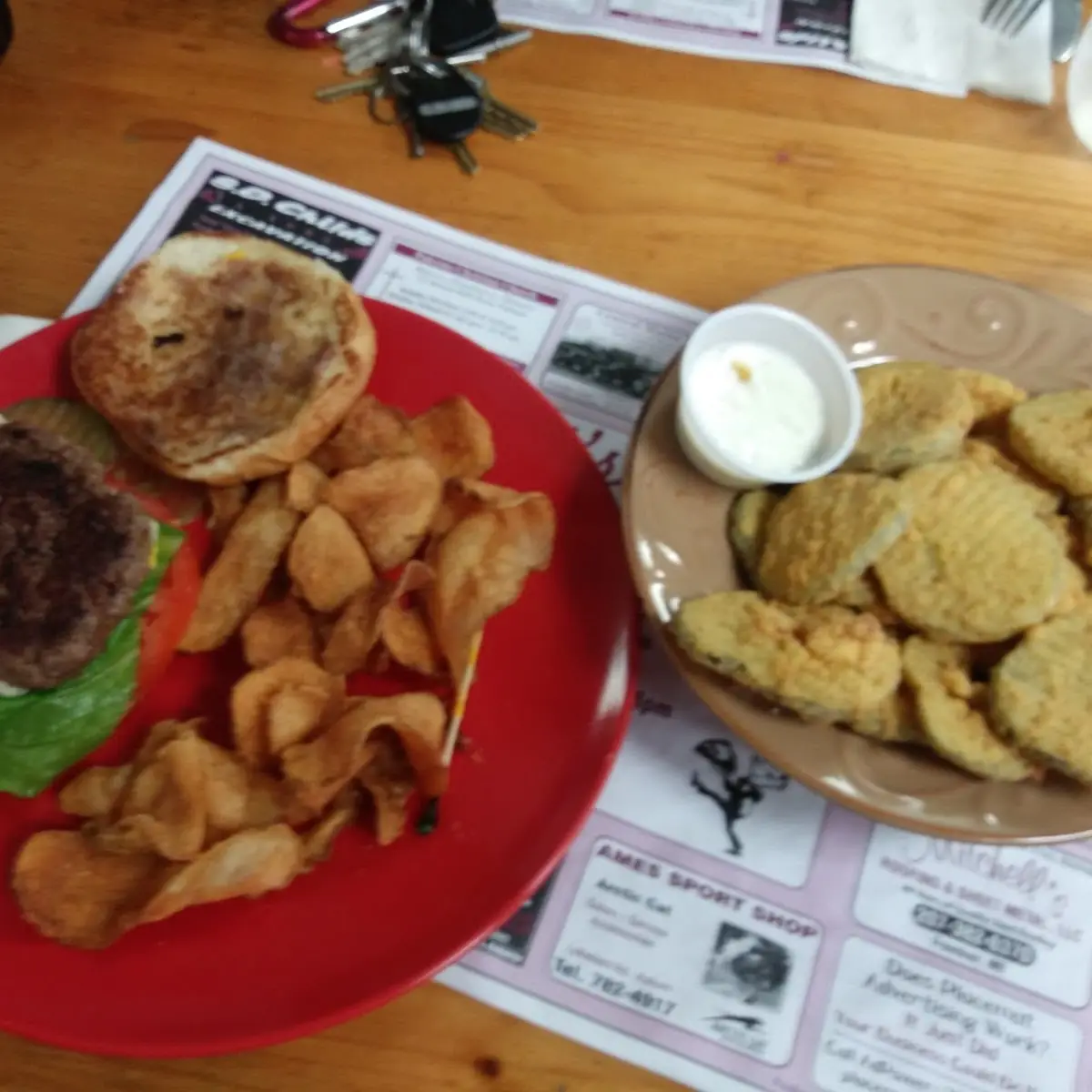 Cheeseburger Homemade Chips and Fried Pickles