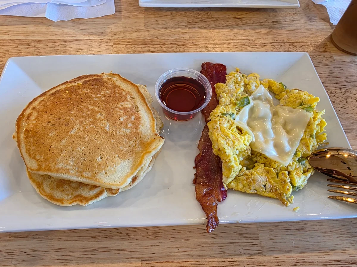 Pancakes Bacon and Scrambled Eggs with Peppers