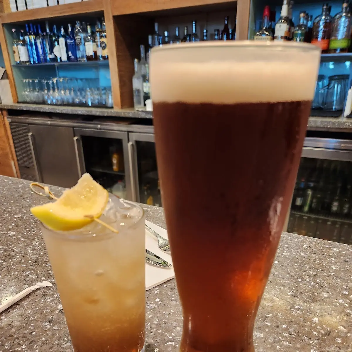 Long Island Iced Tea and Ice Cold Bock Beer