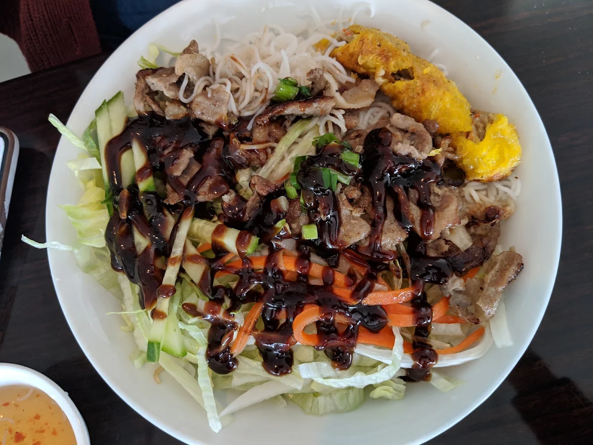 BBQ Pork with Spring Roll on Steamed Noodles