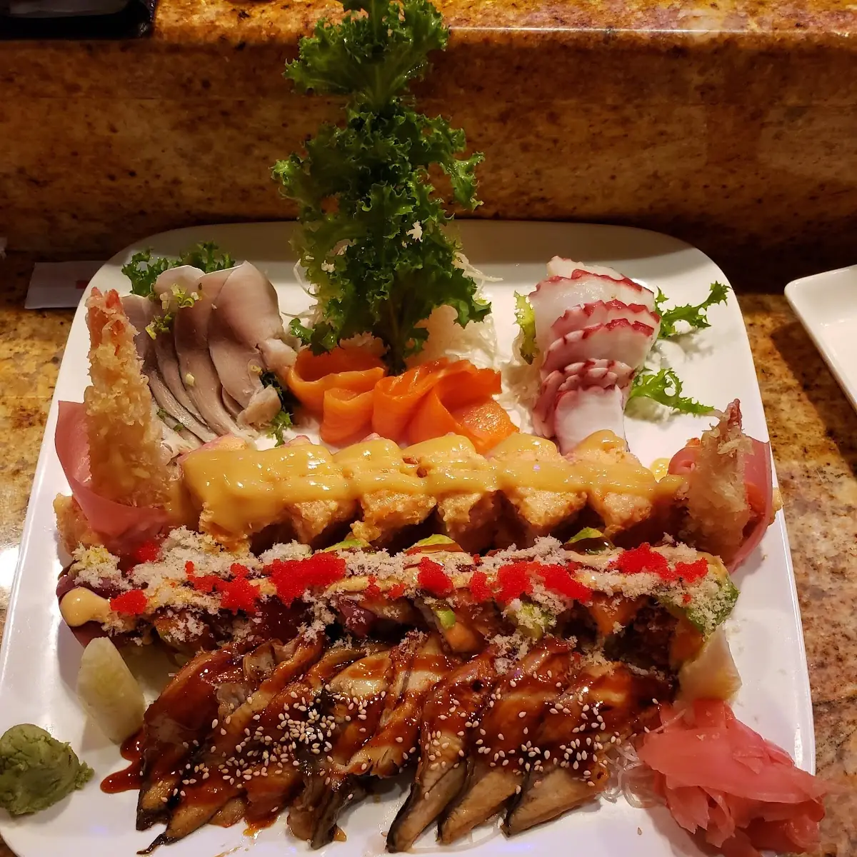 Magical Roll Dragon Roll Eel Sashimi Octopus Sashimi Mackerel Sashimi Smoked Salmon Sashimi