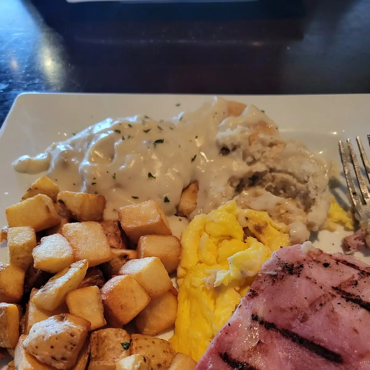 Ham Eggs Biscuits and Gravy
