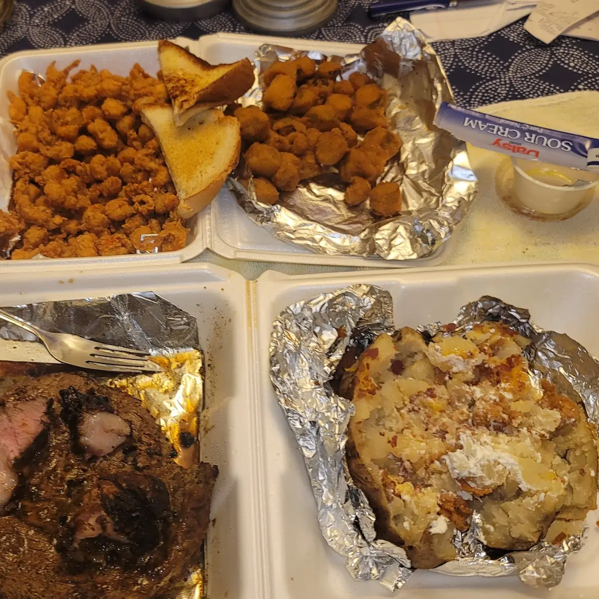 Steak Cooked Medium Loaded Baked Potato Crawfish Tails Fried Okra