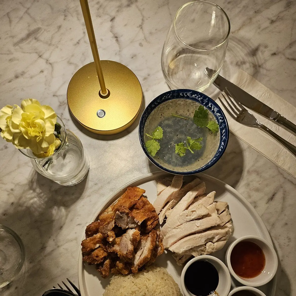 Steamed Chicken & Crispy Chicken with Rice