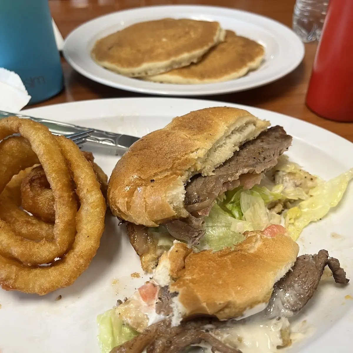 Steak Sandwich and Onion Rings