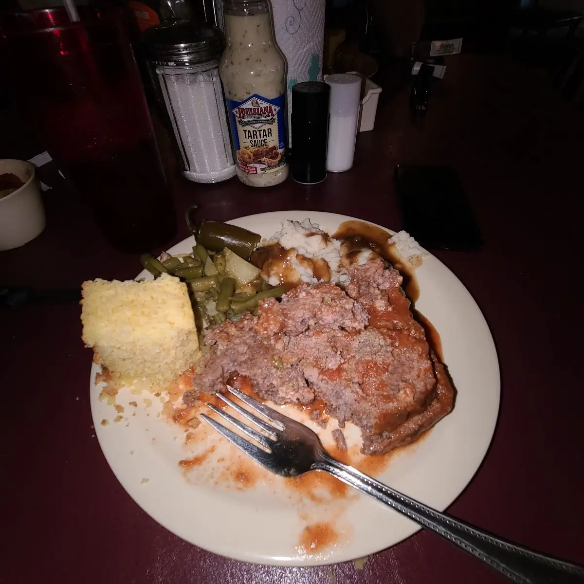 Meatloaf Smashed Taters with Brown Gravy Green Beans and Corn Bread