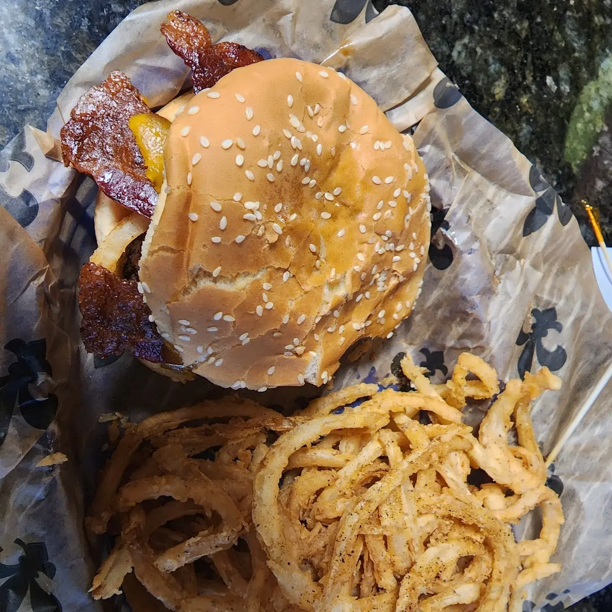 Bacon Cheeseburger & Onion Rings