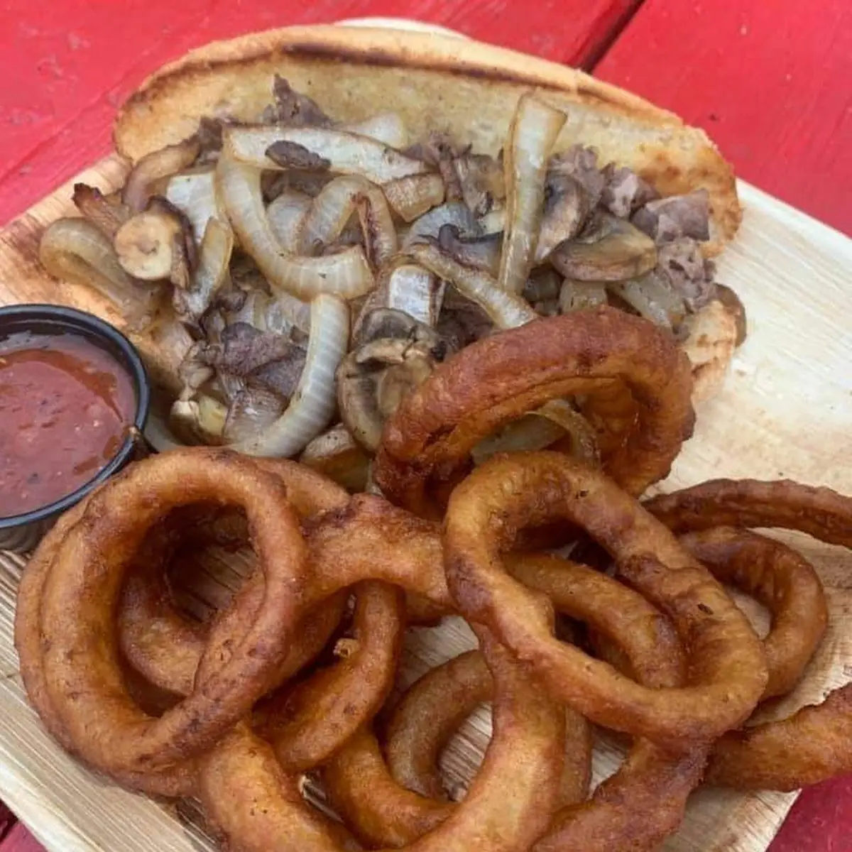 Steak Sandwich and Onion Rings