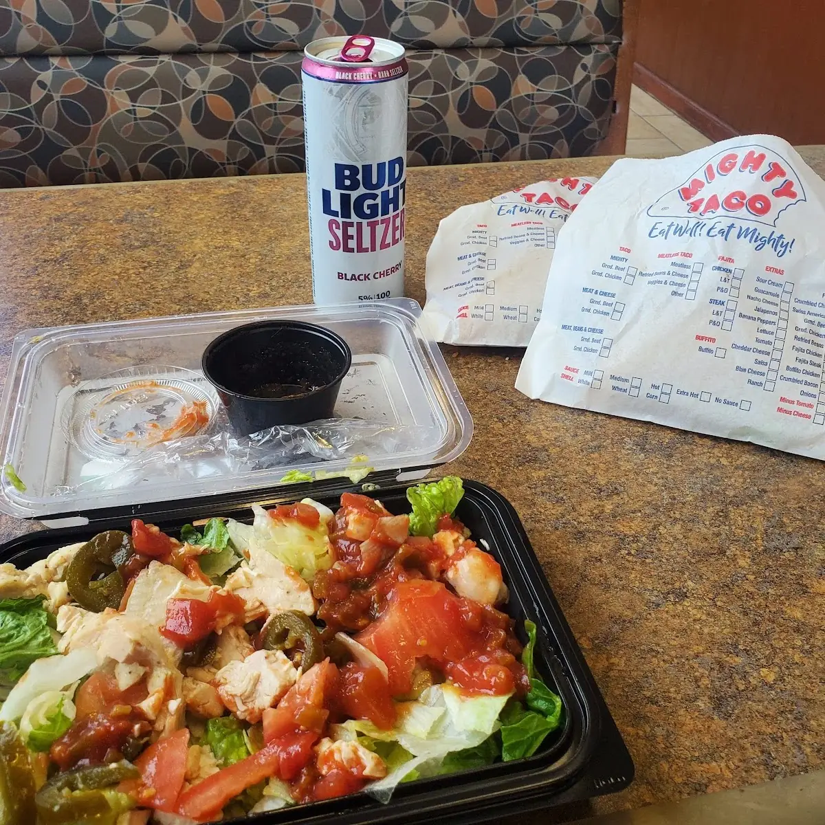 Chicken Salad BBQ Pulled Pork Tacos and a Bud Seltzer