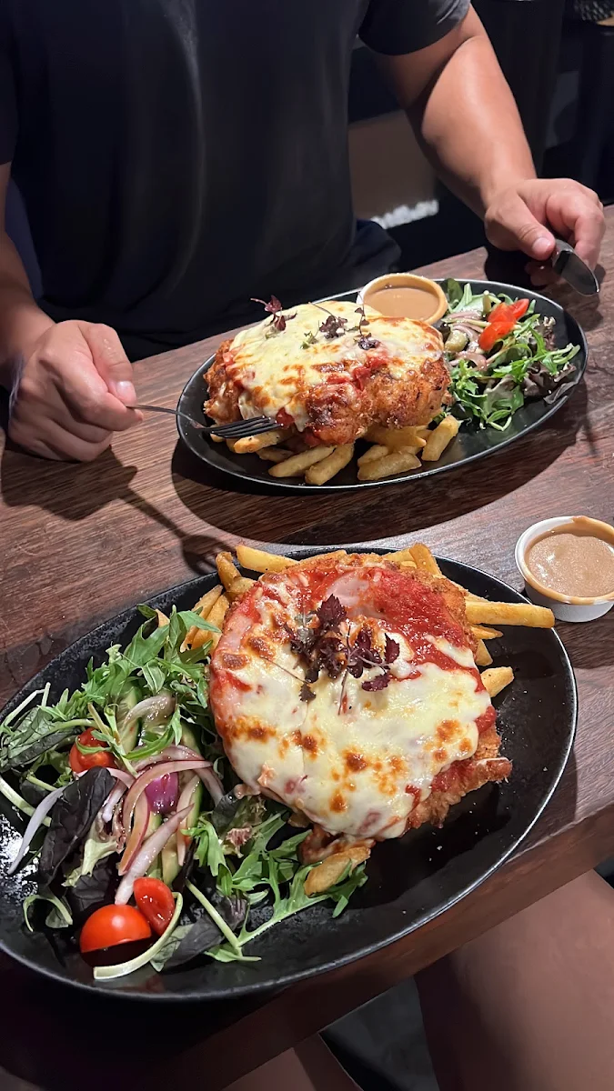 Chicken Parmy with Fries Salad & Choice of Sauce, 3 Wise Monkeys Pub