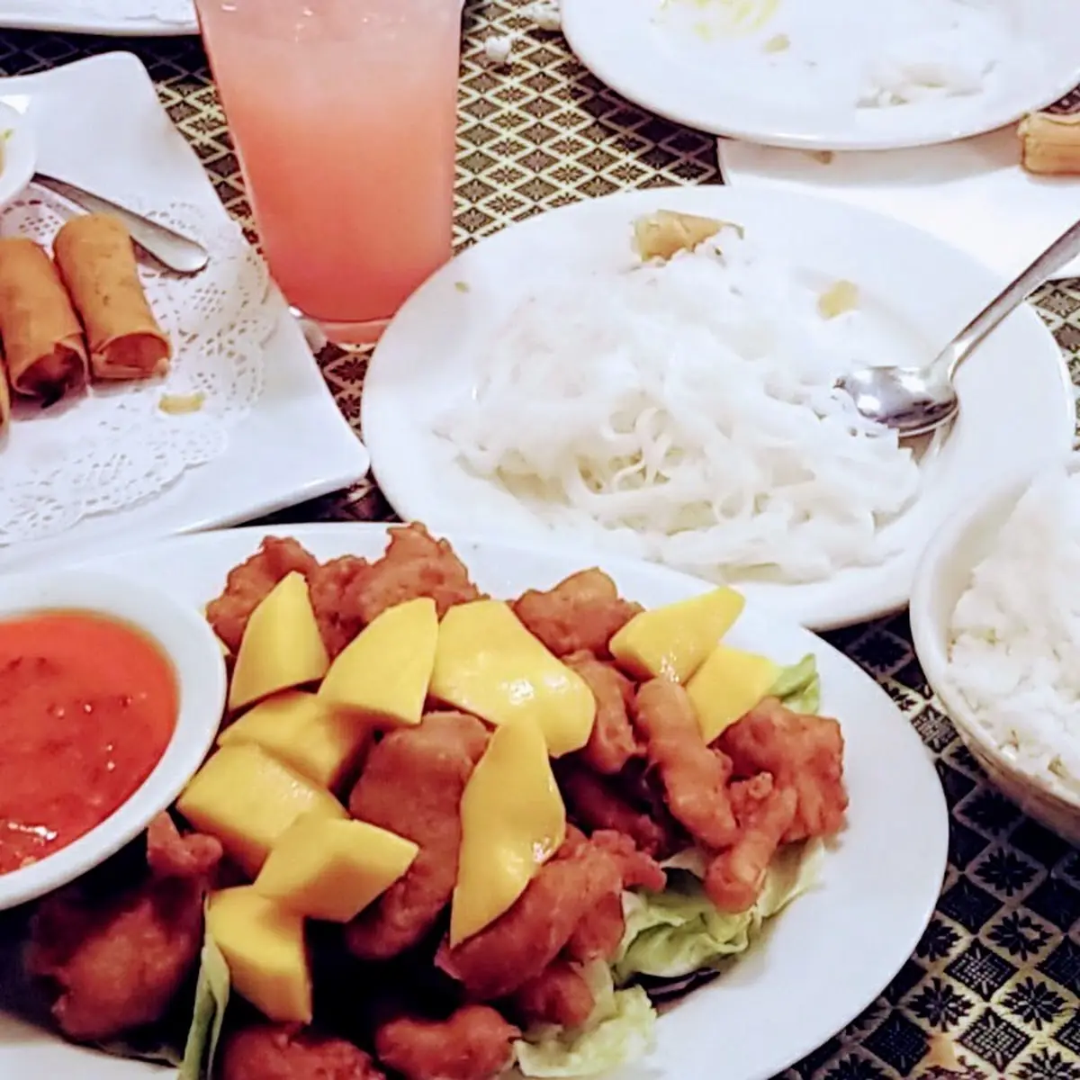 Mango Chicken Spicy Veggie Egg Rolls Steamed Rice Rice Noodles Homemade Lemonade