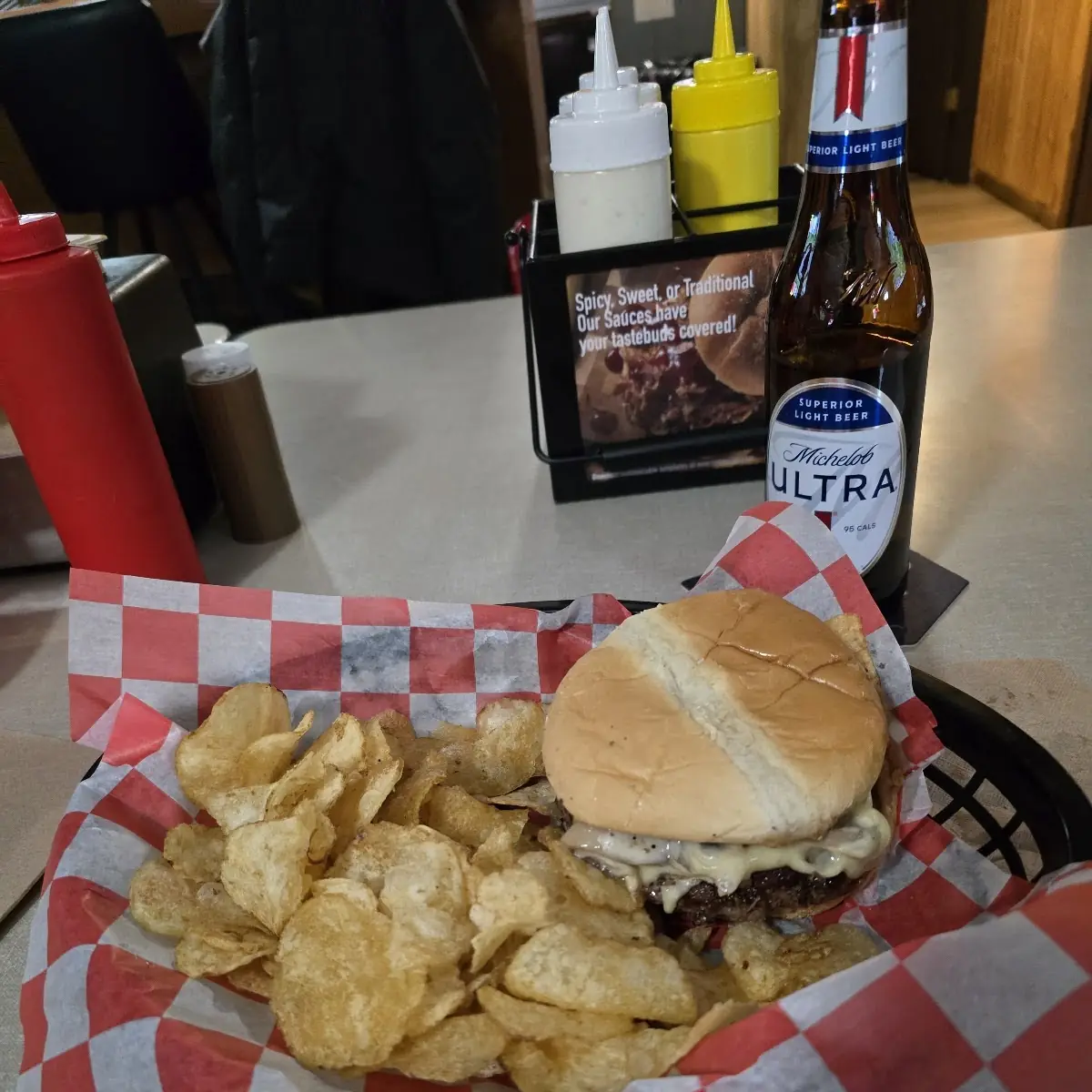 Mushroom Swiss Burger and Chips