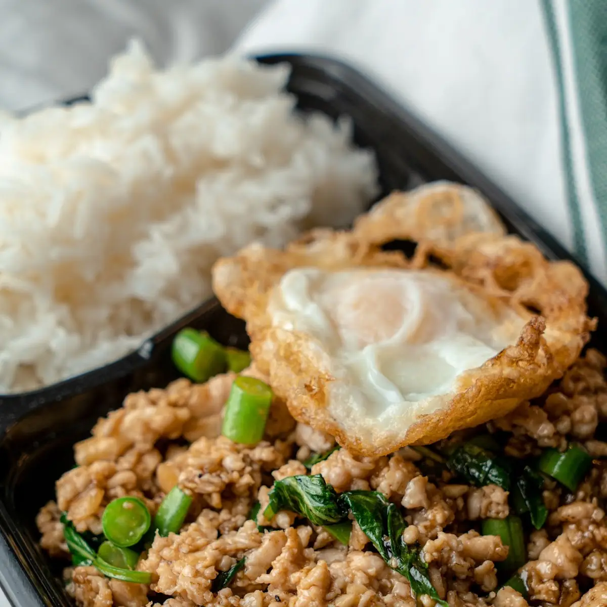 Ground Chicken Basil over Rice Fried Egg