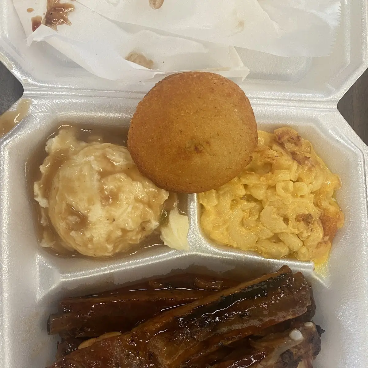 Ribs Mashed Potatoes and Gravy Mac and Cheese