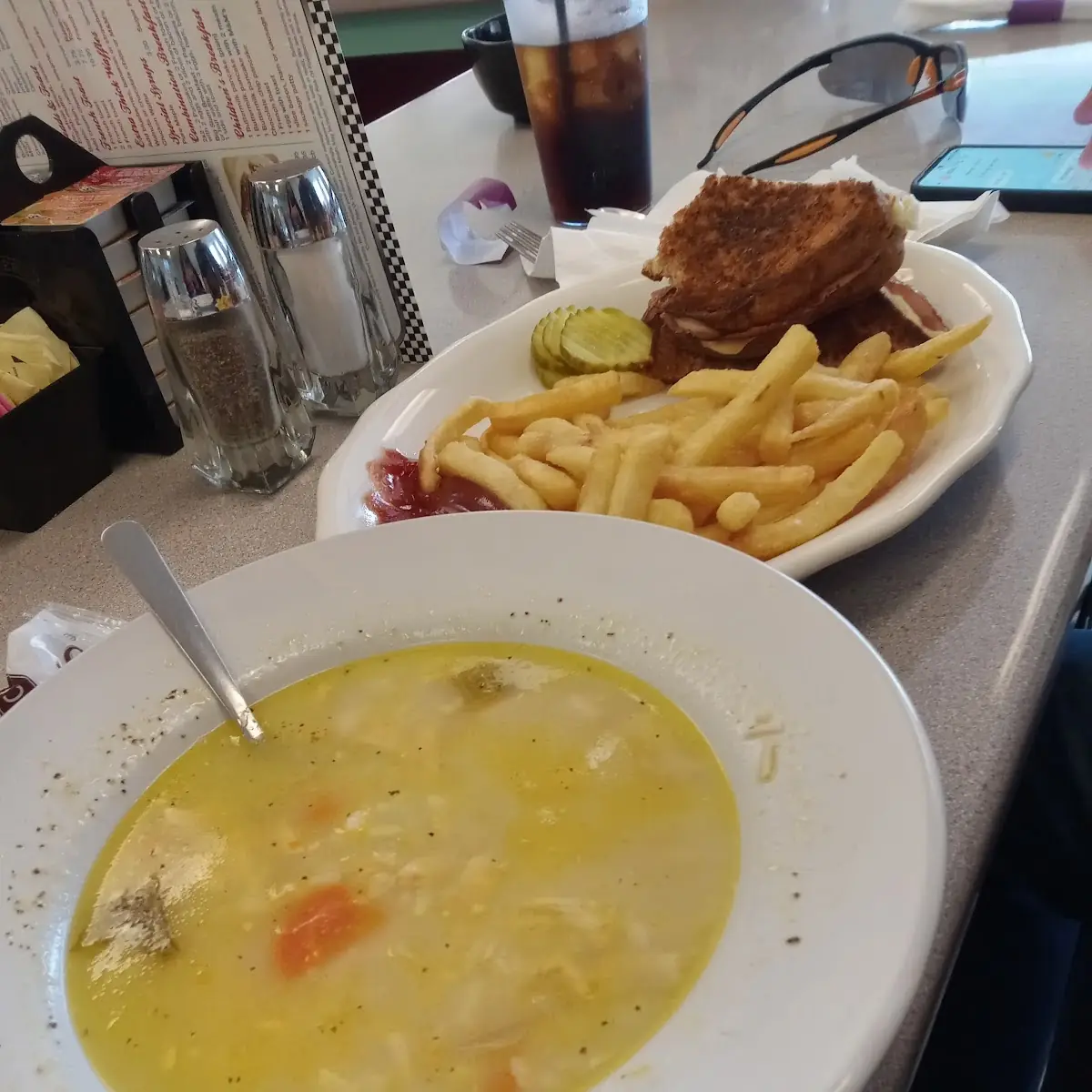 Chicken Noodle Soup and Sandwich