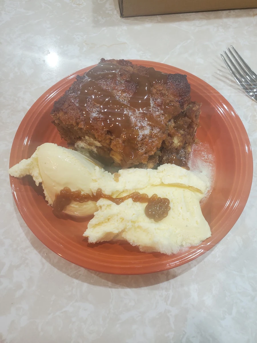 Bread Pudding with Carmel and Eggnog Ice Cream