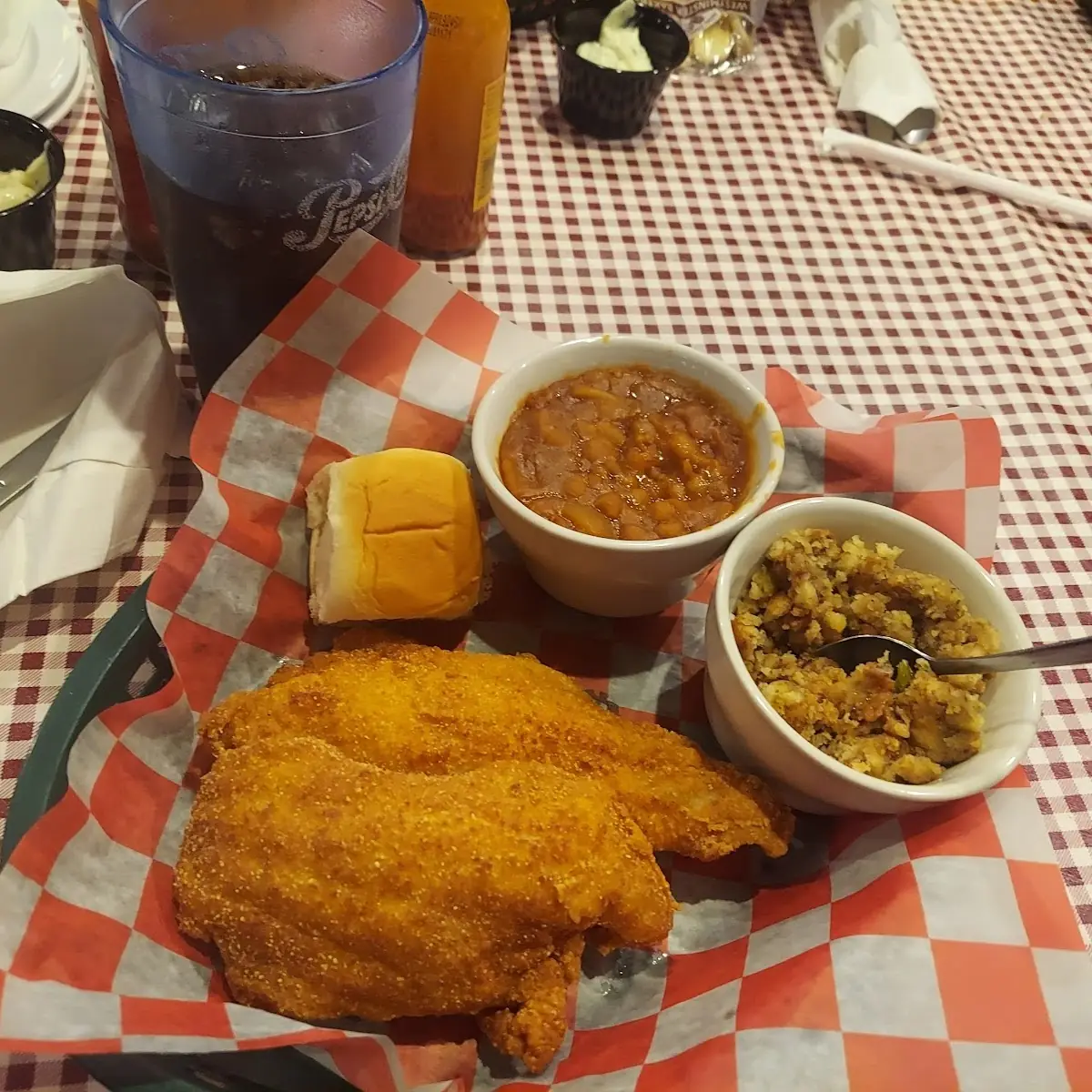 Catfish Dinner w Baked Beans and Stuffing