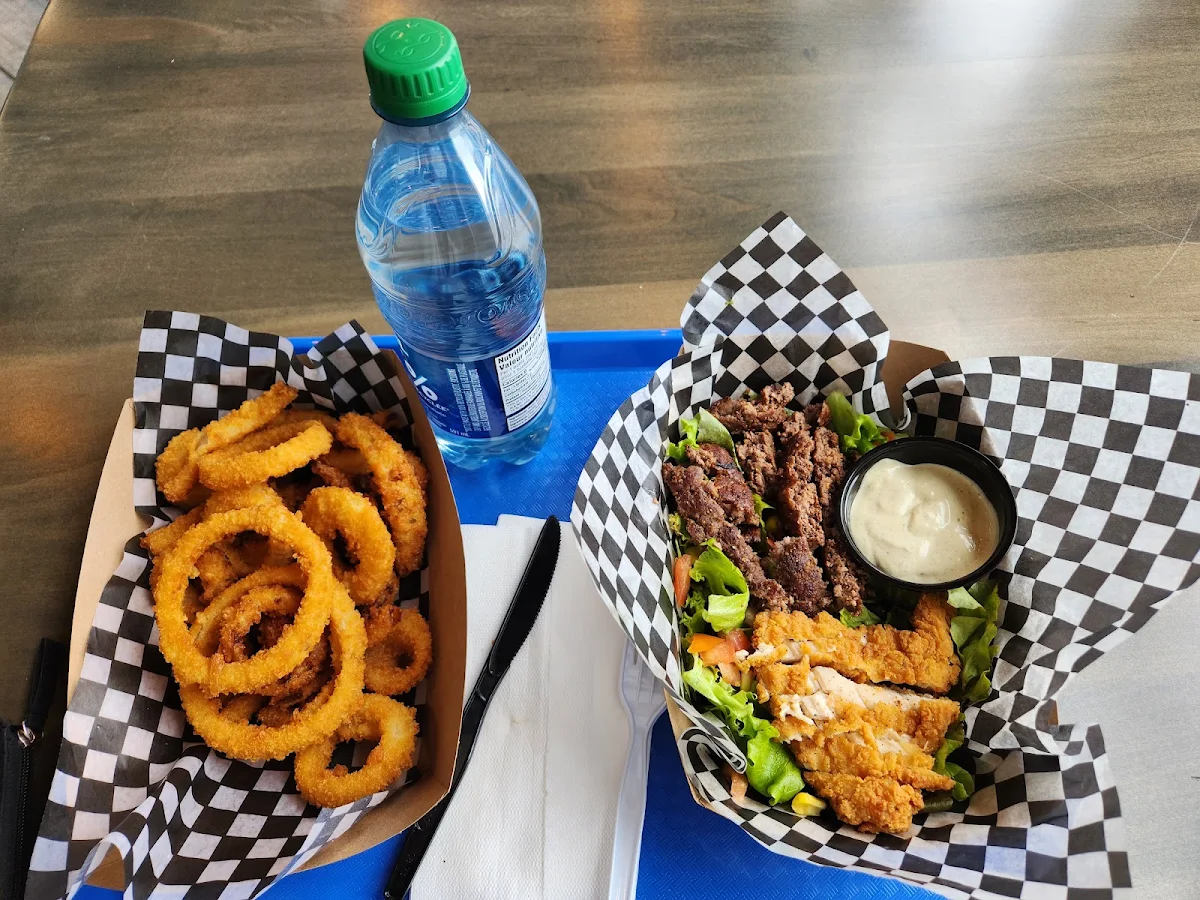 Broadway Beef and Chicken Salad with Onion Rings, Boardwalk Burgers