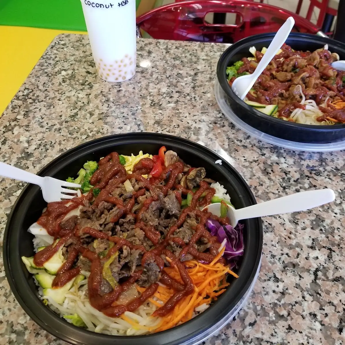 Bibimbap Korean BBQ Steam White Rice Mixed Vegetables Beef Bulgogi