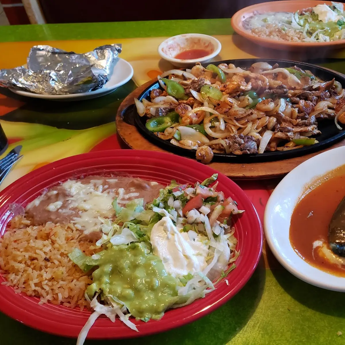 Fajitas Chile Rellenos and Rice Bean Platter