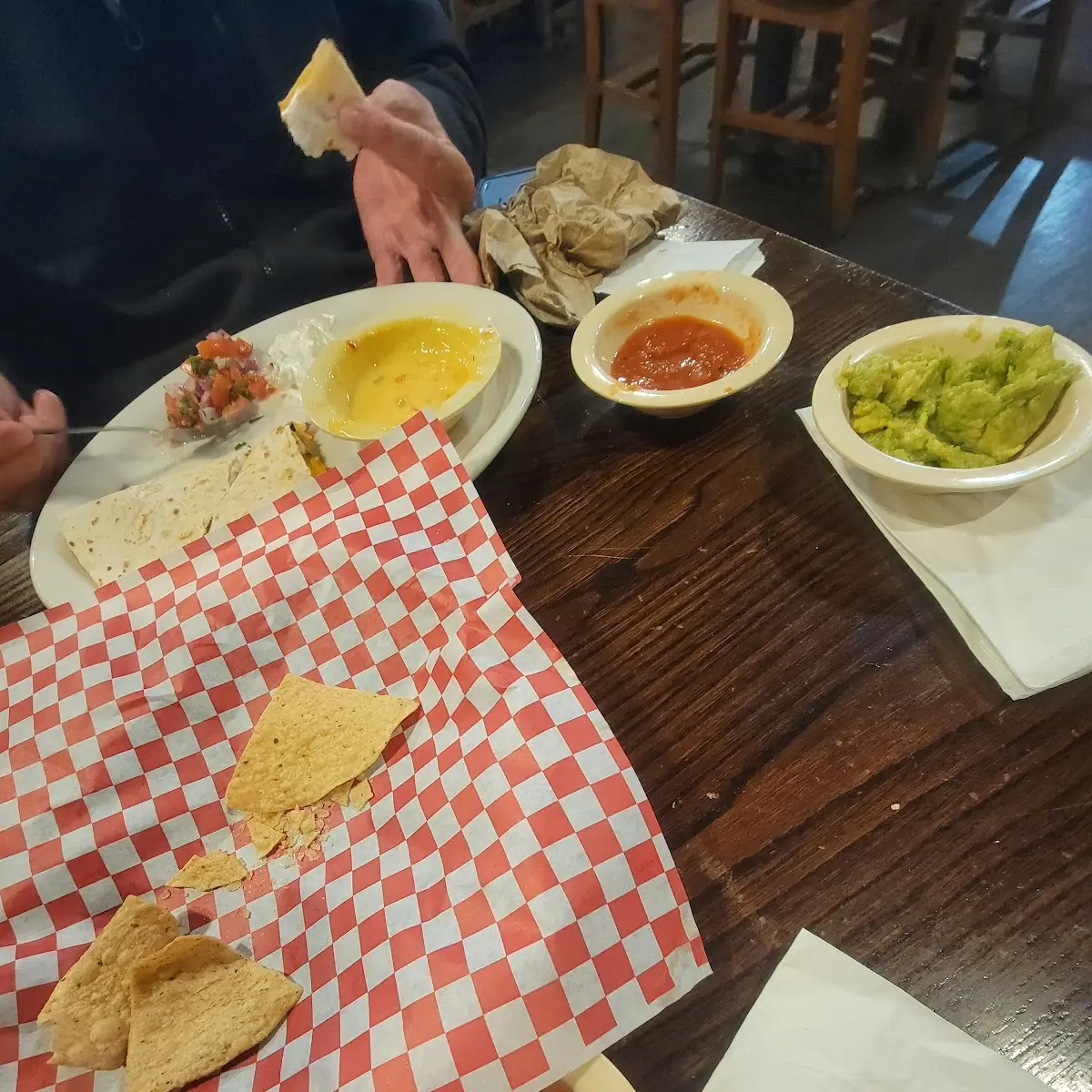 Chips Salsa Guac and Chicken Quesadillas
